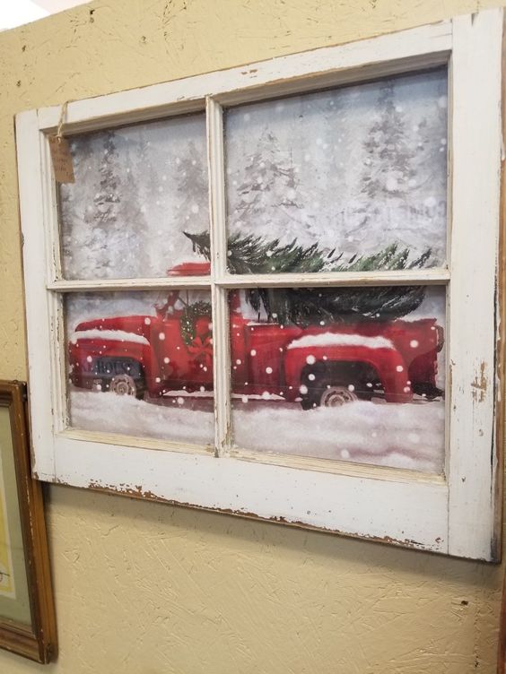 Christmas framework with old recycled window.