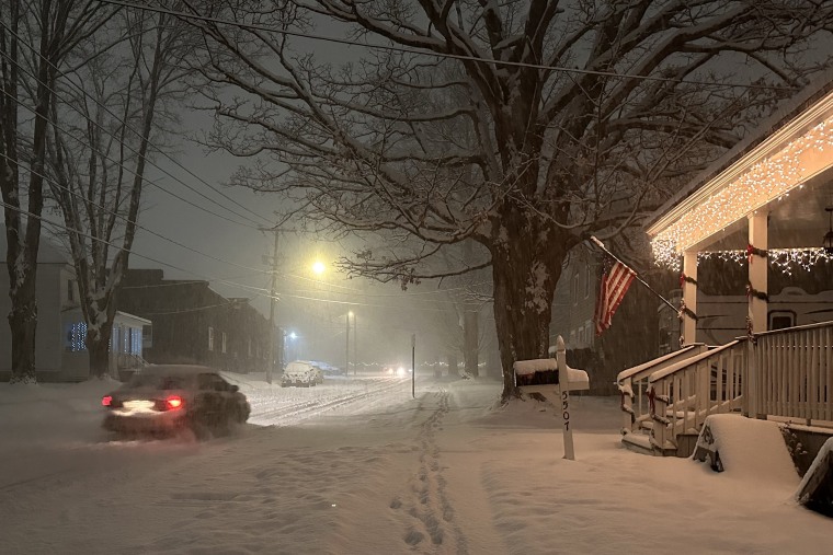 Lake-effect snow falls in Lowville, N.Y., on Friday.