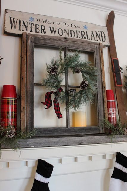 Old window with Christmas wreath.