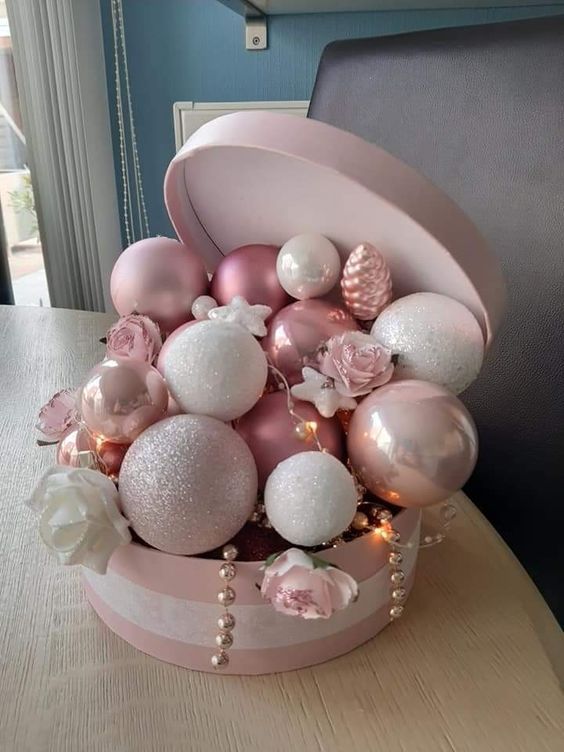 Box with pastel Christmas baubles.