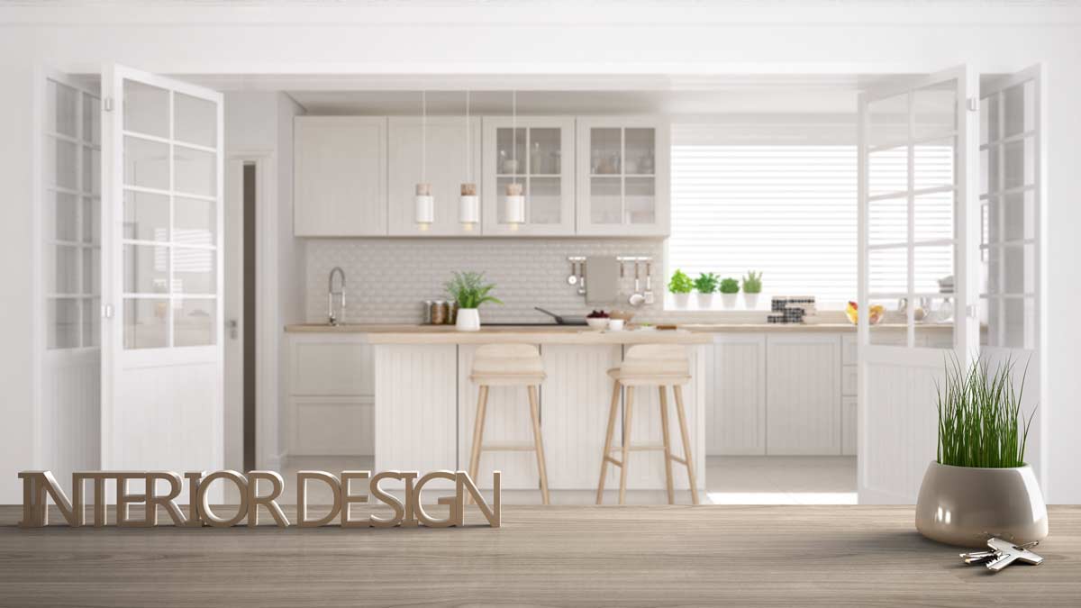 furnish the kitchen with white and oak.