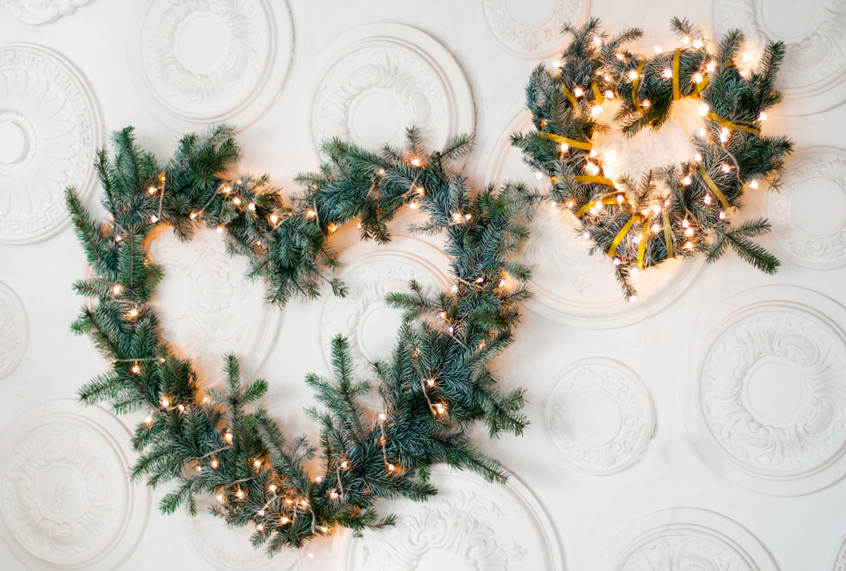 Christmas wreaths with heart-shaped pine branches.