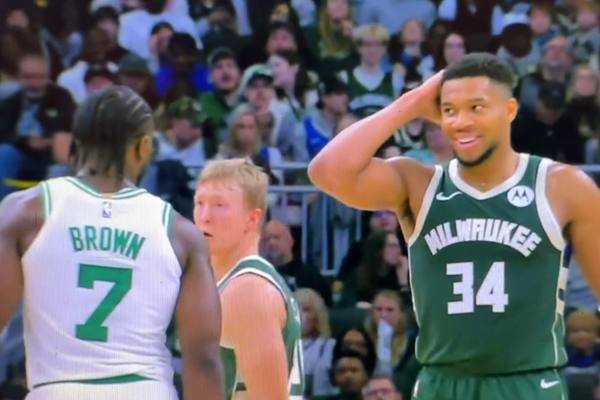 Giannis giving Brown a fake handshake