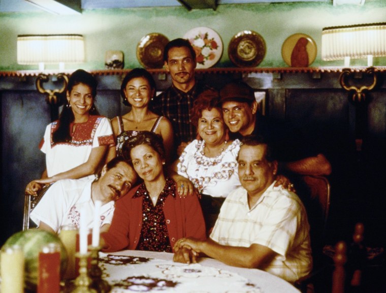 From left, Constance Marie, Edward James Olmos, Elpidia Carillo, Jenny Gago, Jimmy Smits, Lupe Ontiveros, Enrique Castillo, and Eduardo Lopez Rojas in "Mi Familia."