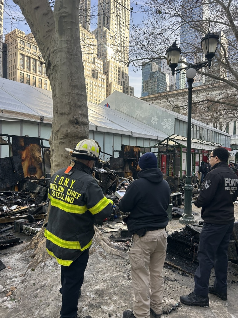 Kiosk catches fire at Bryant Park's Winter Village in Manhattan, New York City.