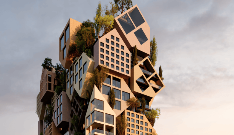 Single tower stacks houses “like a puzzle” and forms a vertical village