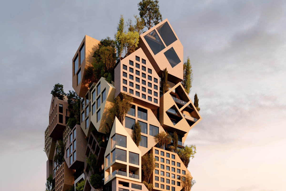 Single tower stacks houses “like a puzzle” and forms a vertical village