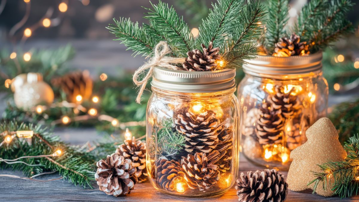 Christmas centerpiece with glass jars