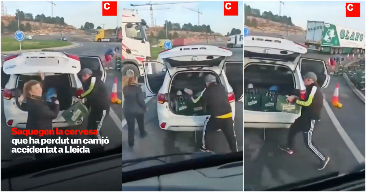 Couple caught stealing beer crates from truck that had an accident in Spain
