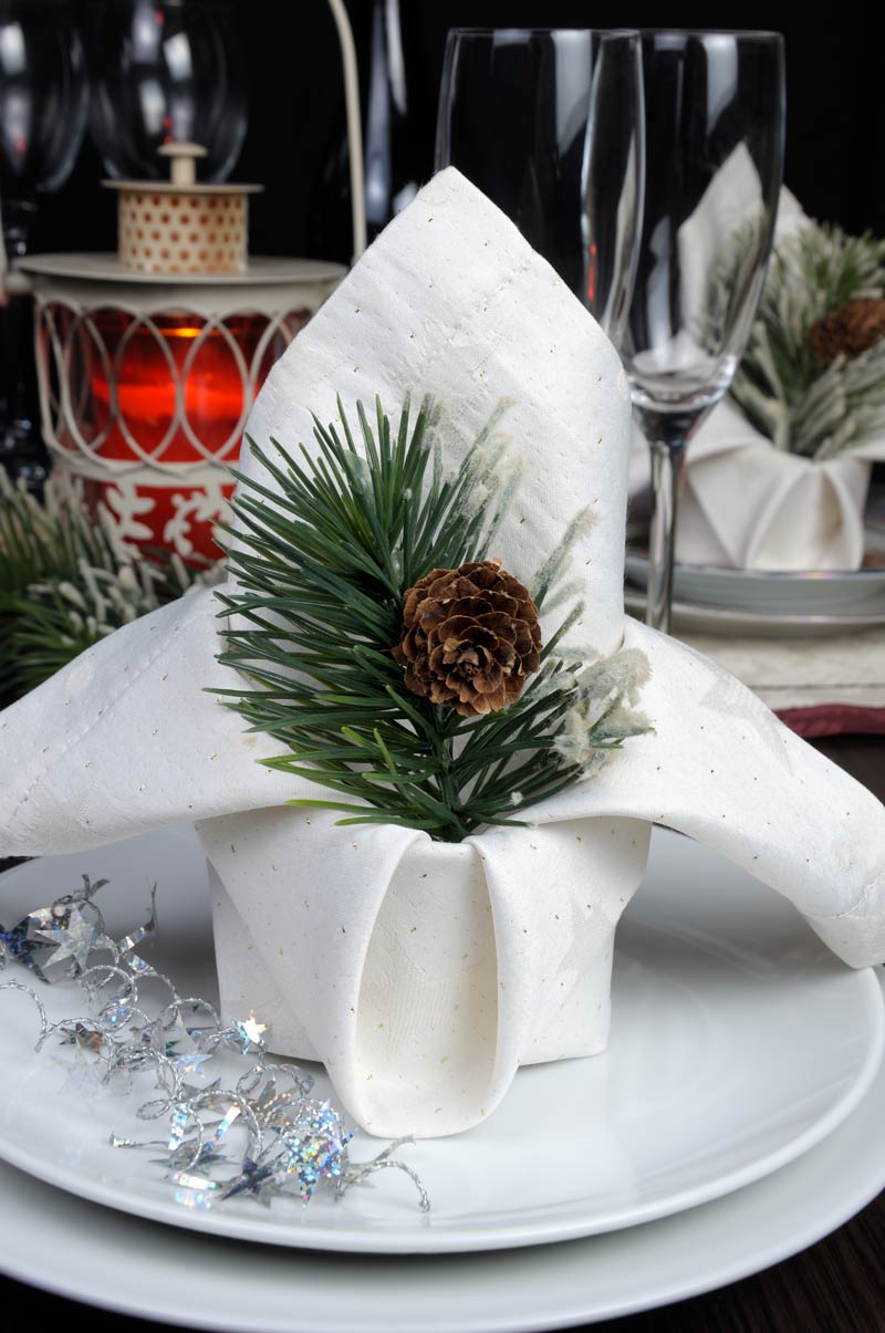 Beautiful folded napkin to decorate the Christmas table with pine cone and pine branch.