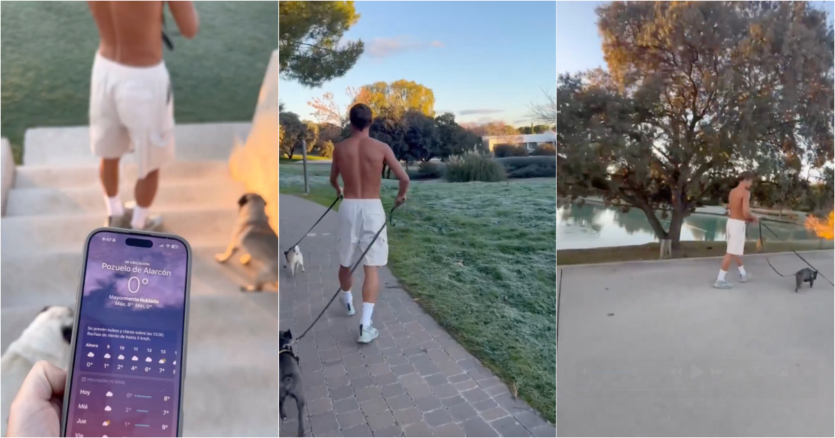 Atl player. Madrid defies the cold and goes out without a shirt to walk at 0 degrees