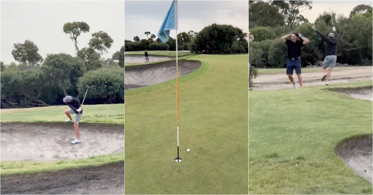 Young man makes golf shot of a lifetime and hits the hole contrary to all expectations