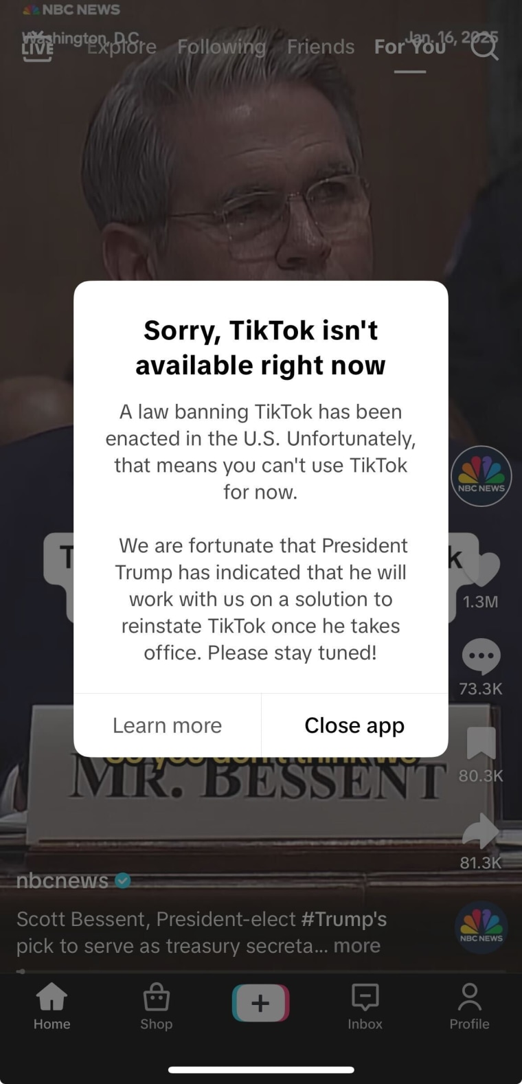 Image: The notice TikTok users are getting when they try to use the app on Jan. 18, 2025.