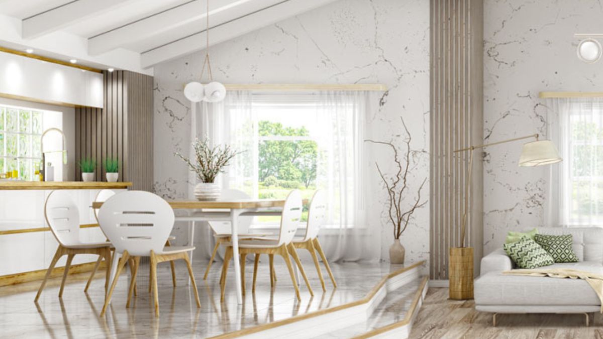 Living room with marble effect porcelain stoneware