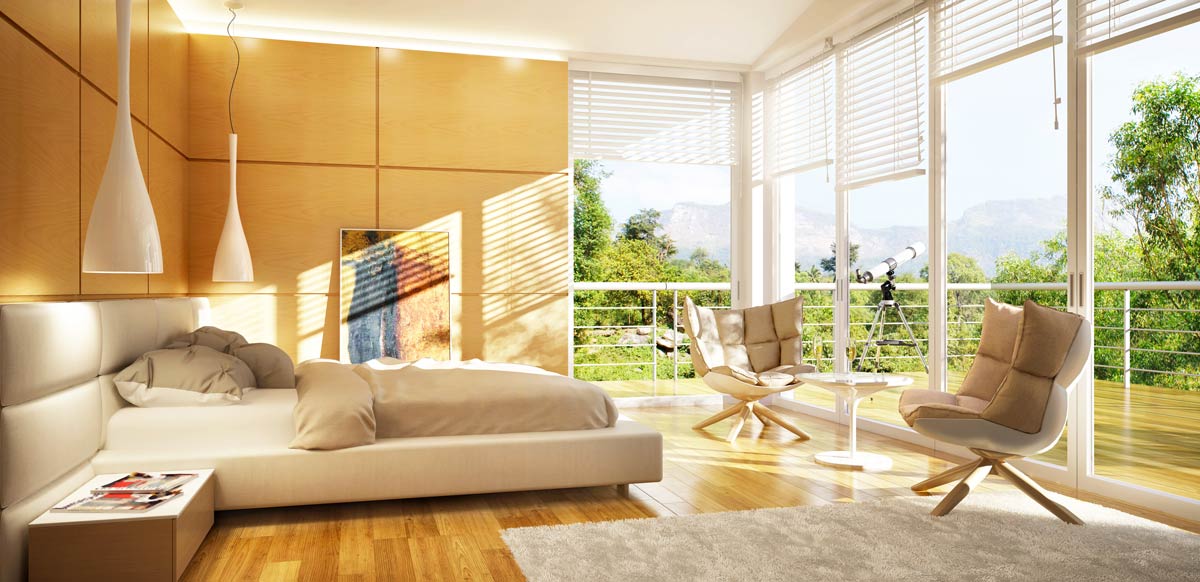 Bedroom with modern chandeliers.