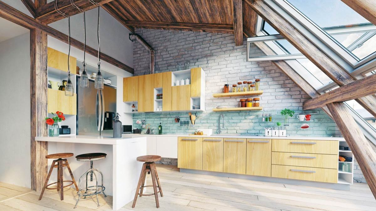 Attic with exposed beams in vintage style