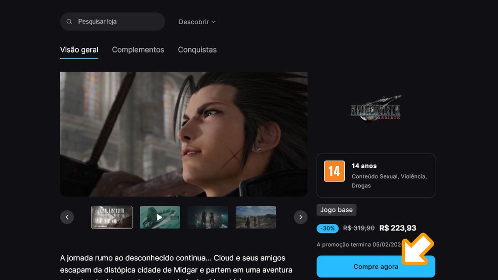 On the Final Fantasy 7 Rebirth page at Epic Games Store click "Buy Now" and finish the purchase to download the game on your PC - Photo: Reproduction/Rafael Monteiro