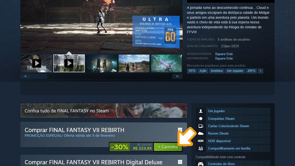 On the Final Fantasy 7 Rebirth page on Steam click on "+ Cart" and finish the purchase to download the game on your PC - Photo: Reproduction/Rafael Monteiro