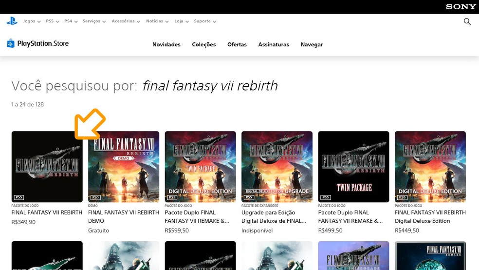 On the PS Store Results page Select Final Fantasy VII Rebirth - Photo: Reproduction/Rafael Monteiro