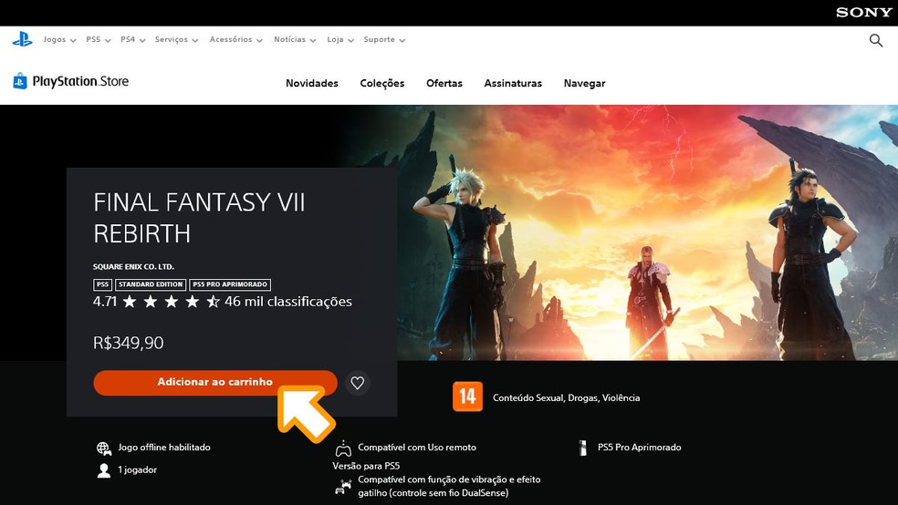 On the Final Fantasy 7 Rebirth page on PS Store click "Add to Cart" and finish the purchase to download the game on your PS5 - Photo: Reproduction/Rafael Monteiro