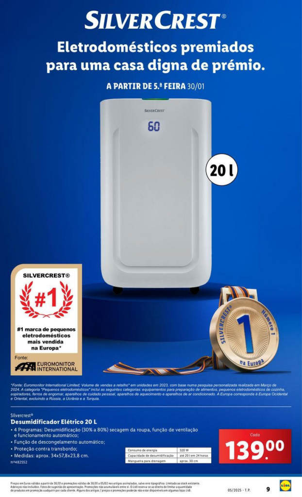 This Lidl 4 in 1 dehumidifier has a capacity of 20 liters and automatic defrosting