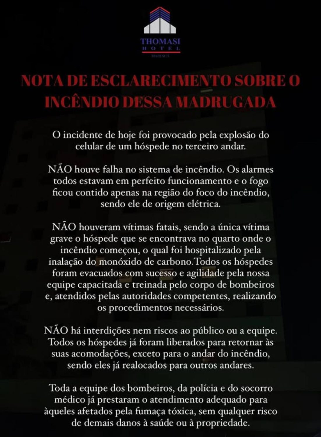 A fire in a hotel in the central region of Maringá, in the north of Paraná, left seven people injured in the early hours of this Friday (10). According to the Fire Department, one of the victims suffered burns to the airways after inhaling heated smoke and is in serious condition. According to initial information, the fire started in a room on the third floor of the building, due to a problem with a cell phone charger.