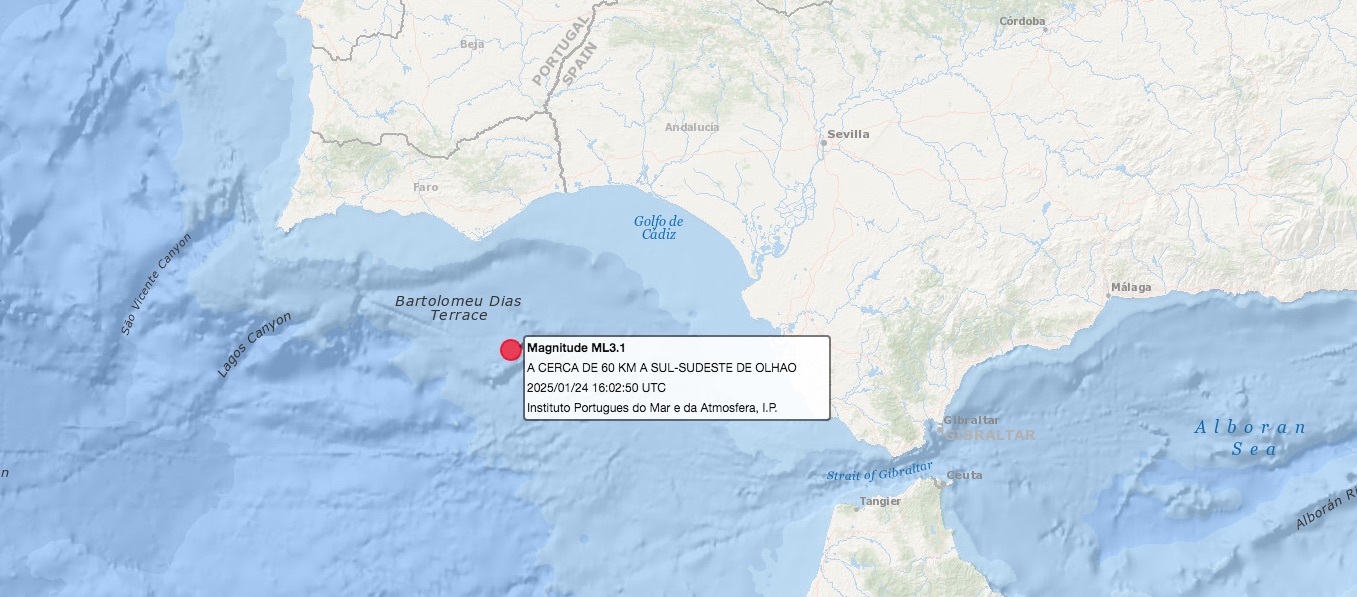 Magnitude 3,1 -recorded earthquake at 60 km south of Olhão