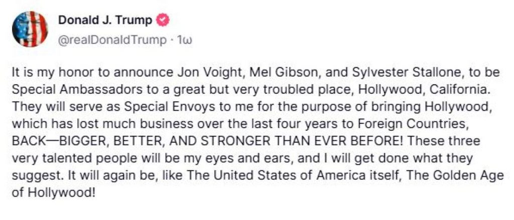 Trump Announces Mel Gibson, Jon Voight and Stallone as Hollywood 'Special Ambassadors'