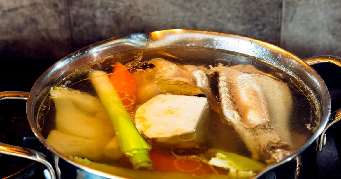 Add to broth at the beginning of cooking. It will be more nutritious, dense and clear at the same time                
