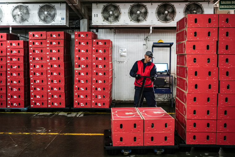 A worker organizes red boxes inside of a factory