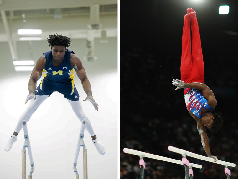 Frederick Richard, left, competes on parallel bars at Winter Cup in Louisville, Ky., and for the United States, right, during the Olympic Games in Paris.