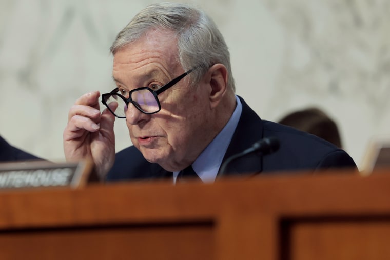 Sen. Dick Durbin, D-Ill., during a Senate Judiciary committee meeting on Feb. 13, 2025.