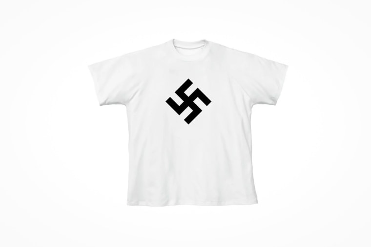 A swastika T-shirt for sale via Ye's official website on Monday.