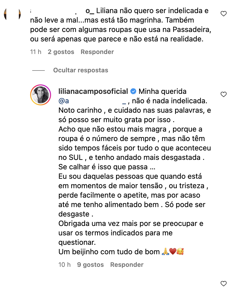 “ is so skinny ”. Liliana Campos is ‘ Alerted ’ and responds to the follower