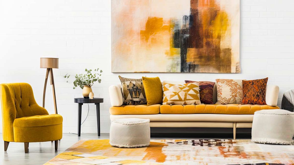 Furnish the living room with large paintings