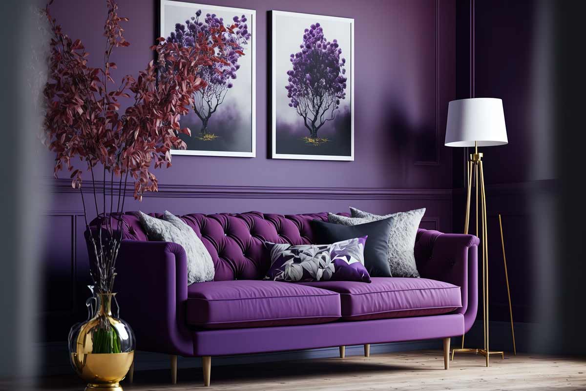 Aubergine -colored walls with sofa of the same color but lighter