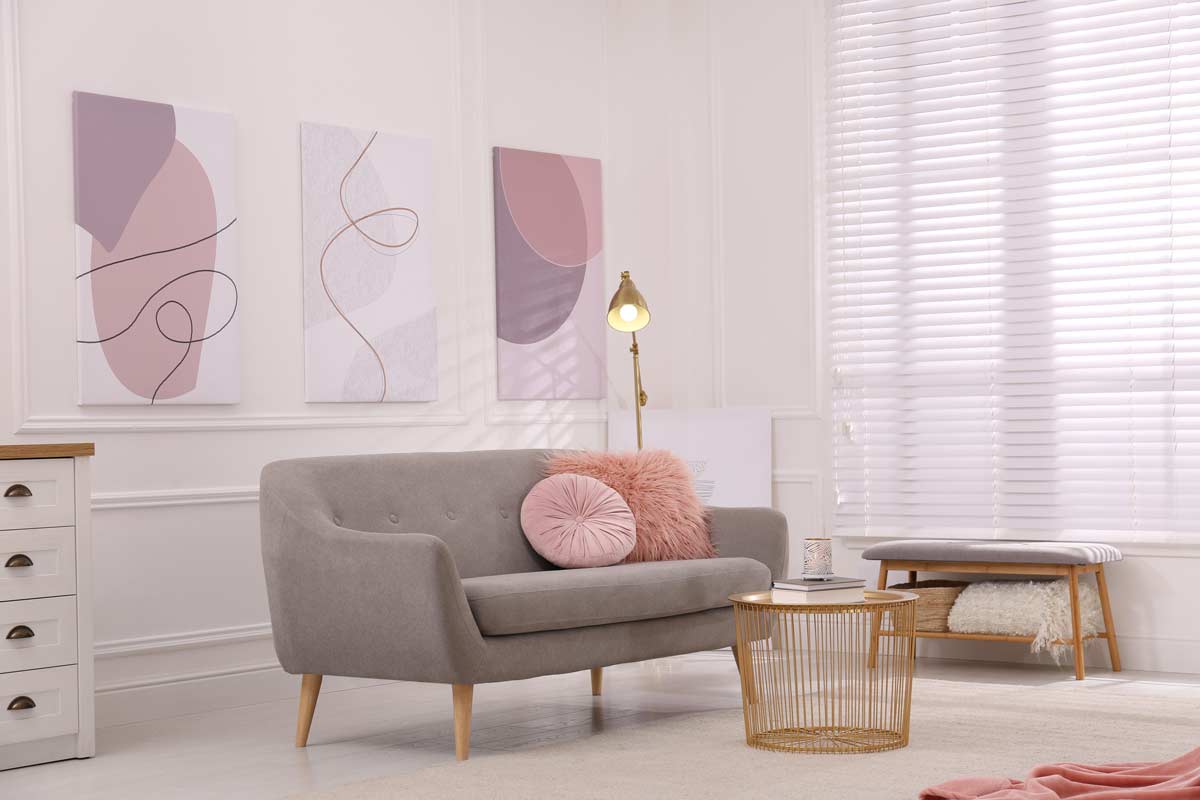 Furnish your living room with gray and pink.