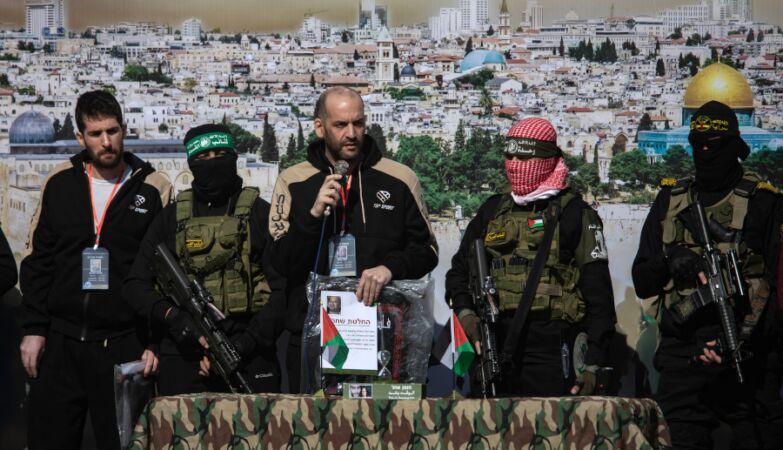 Israelite hostage release ceremony in Gaza.