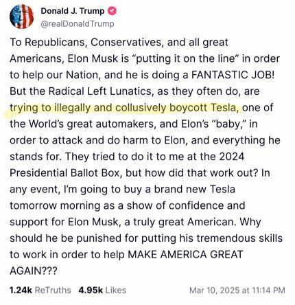Trump's message at Social Truth networks in support of Elon Musk.