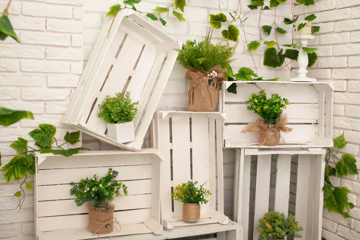 Wooden crates on the balcony and garden
