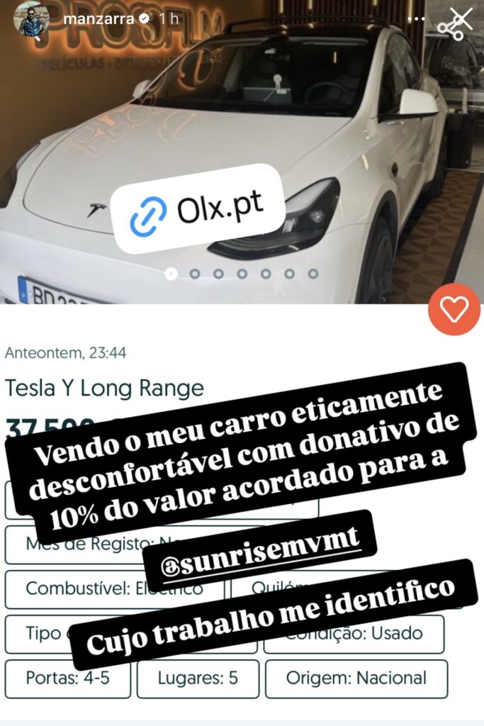 João Manzarra sells his Tesla and donates 10% of the value for moving by the climate