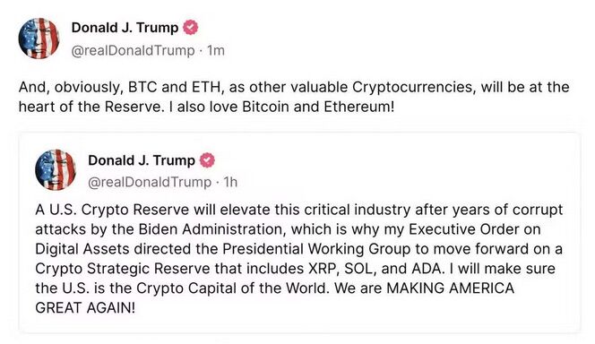 Trump announces strategic reserve. Cryptocurrencies shoot (and fall back)