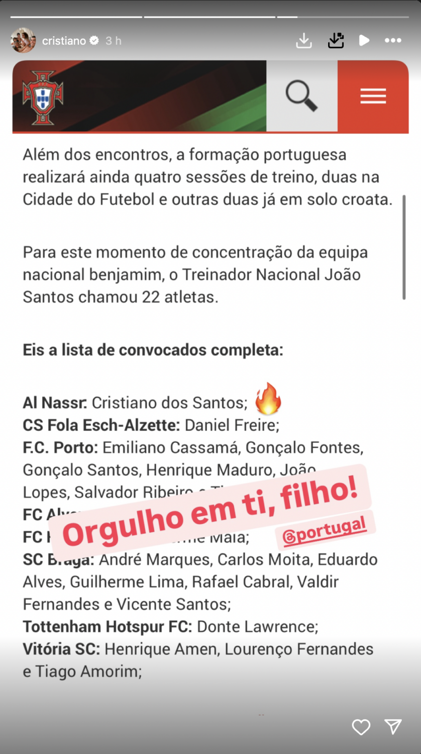 Cristiano Ronaldo reacts to his son's call for the National Team of U15