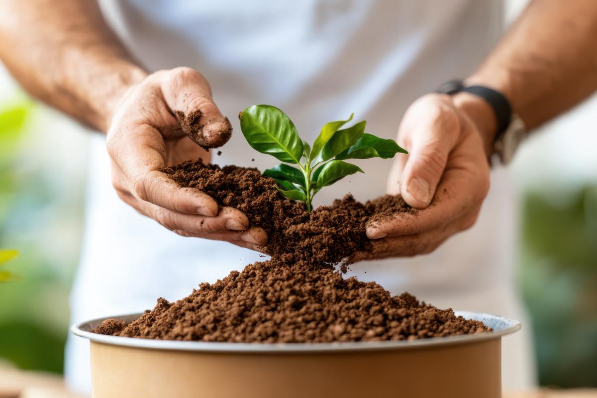 The coffee fertilizes the basil plant
