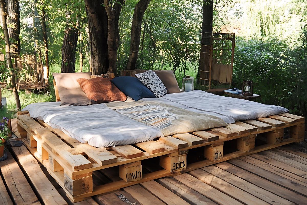 External relaxation area with pallets and cushions