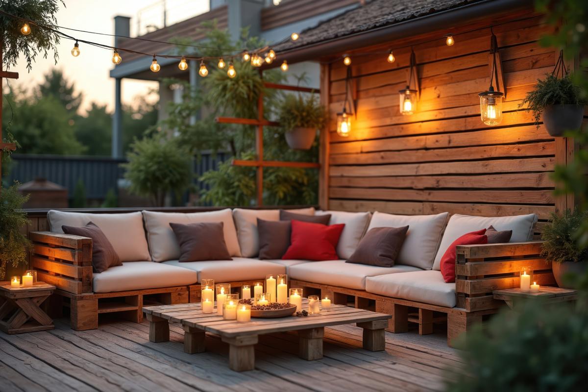 The relaxing corner of design in the garden with pallets and cushions