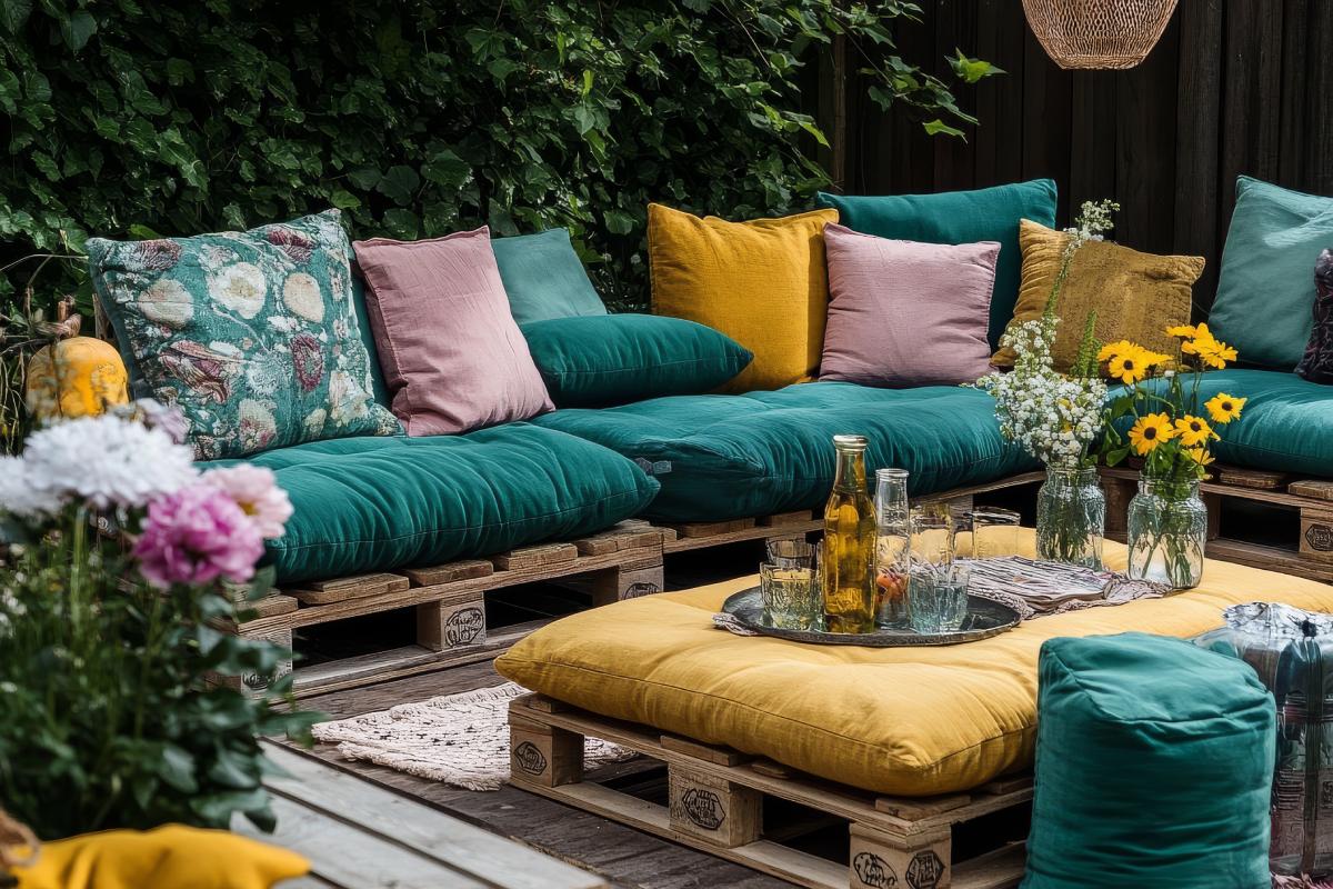 Relax area in the garden with pallets and cushions