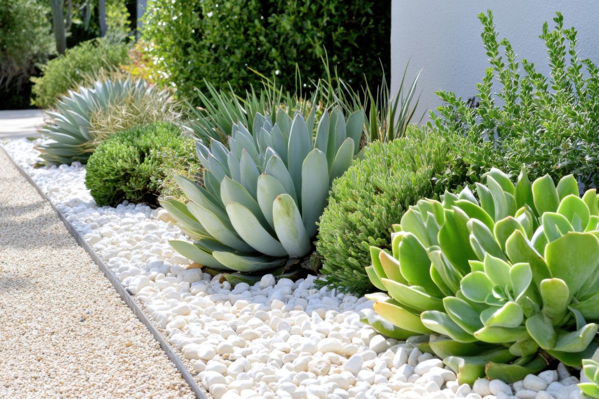 The gravel decorates flower beds and vases with fatty plants
