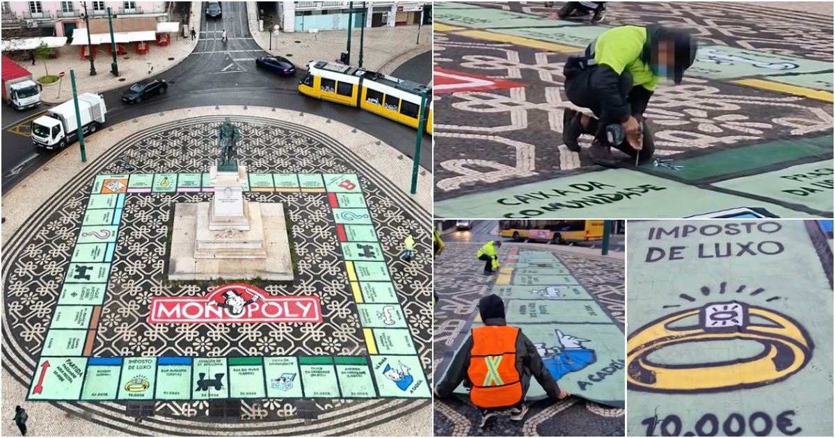 Bordalo II transforms Lisbon Square into a giant monopoly board