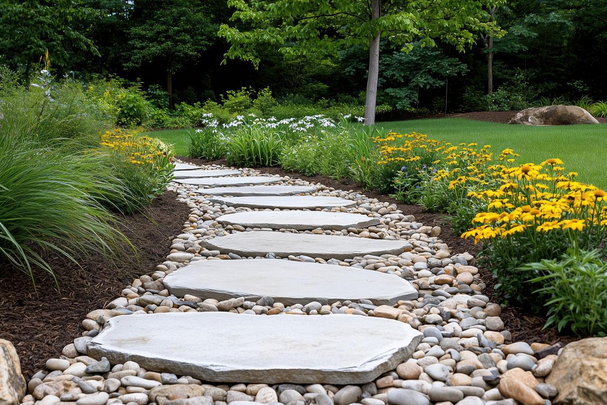 Scenographic flower beds with stones